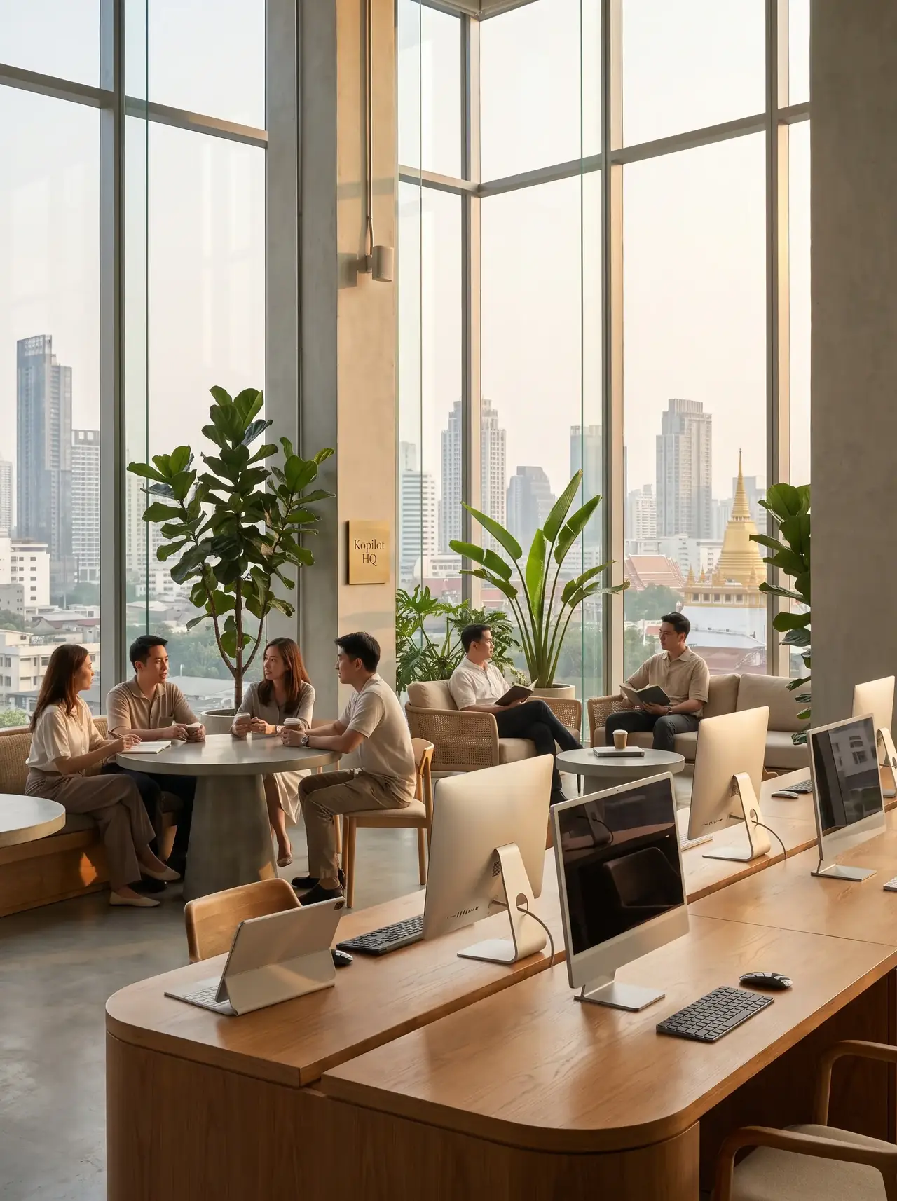 Kopilot workspace, oak desks and the Bangkok skyline